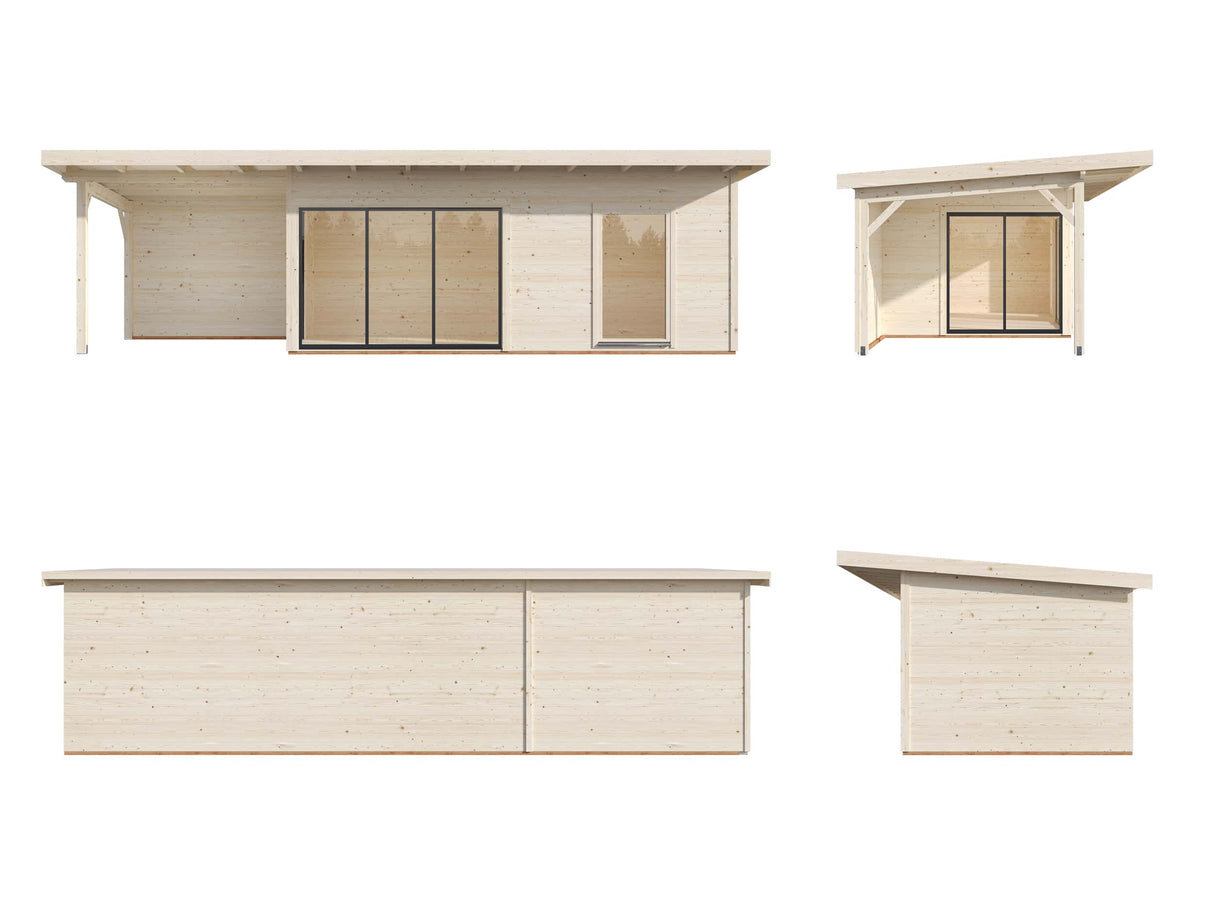 Andrea XL (9x3m | 17,1+7,9m² | 44mm) piharamökki liukuovilla (saatavana kaksilasitus)