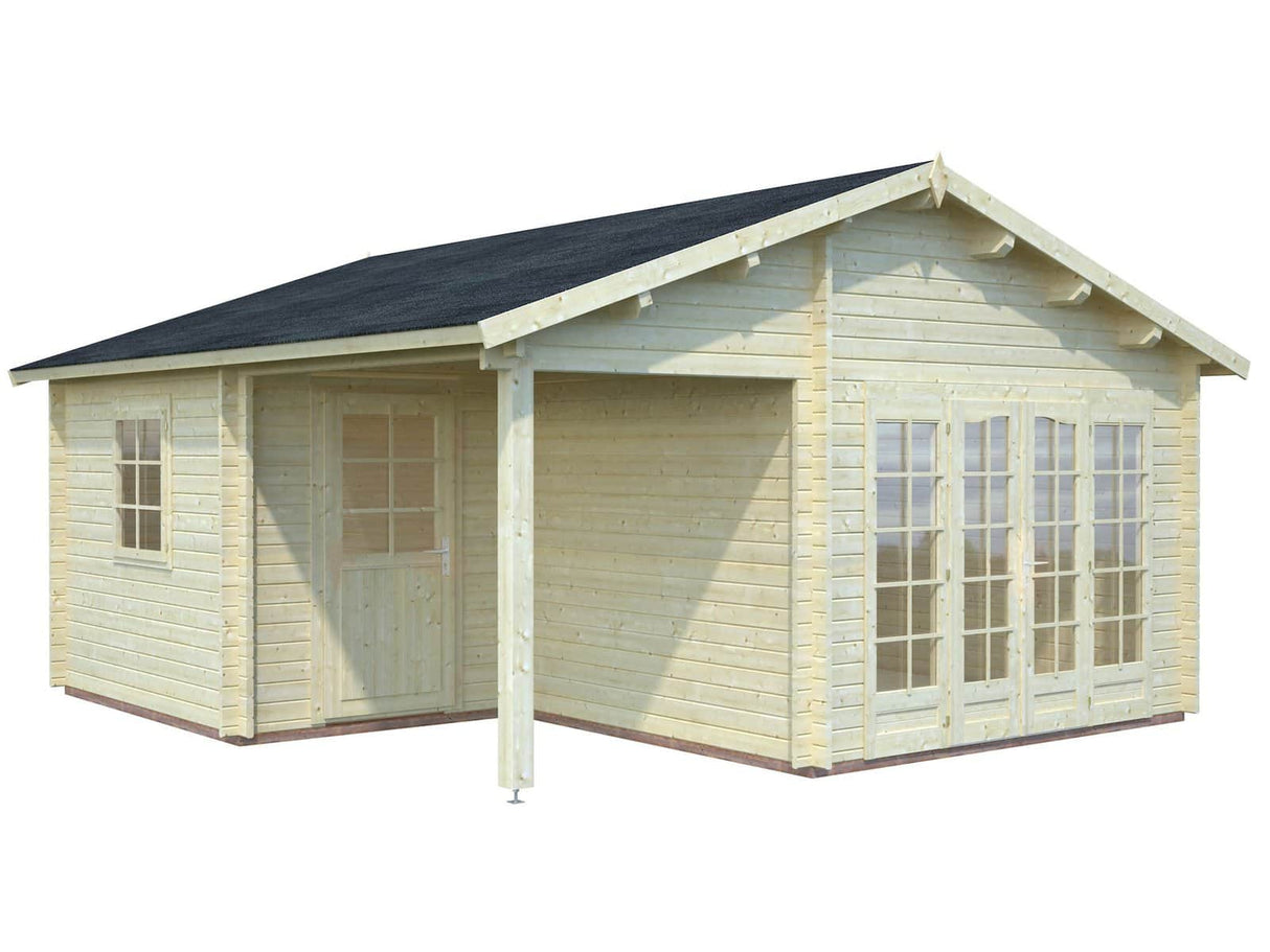 Irene XL (5,3x5,7m | 21,9+5,2m² | 44mm) Tilava kesämökki kuistilla