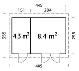 Lara L (4,5x3m | 12,7m² | 28mm) Kaksihuoneinen moderni piharakennus läpikuultavilla ovilla