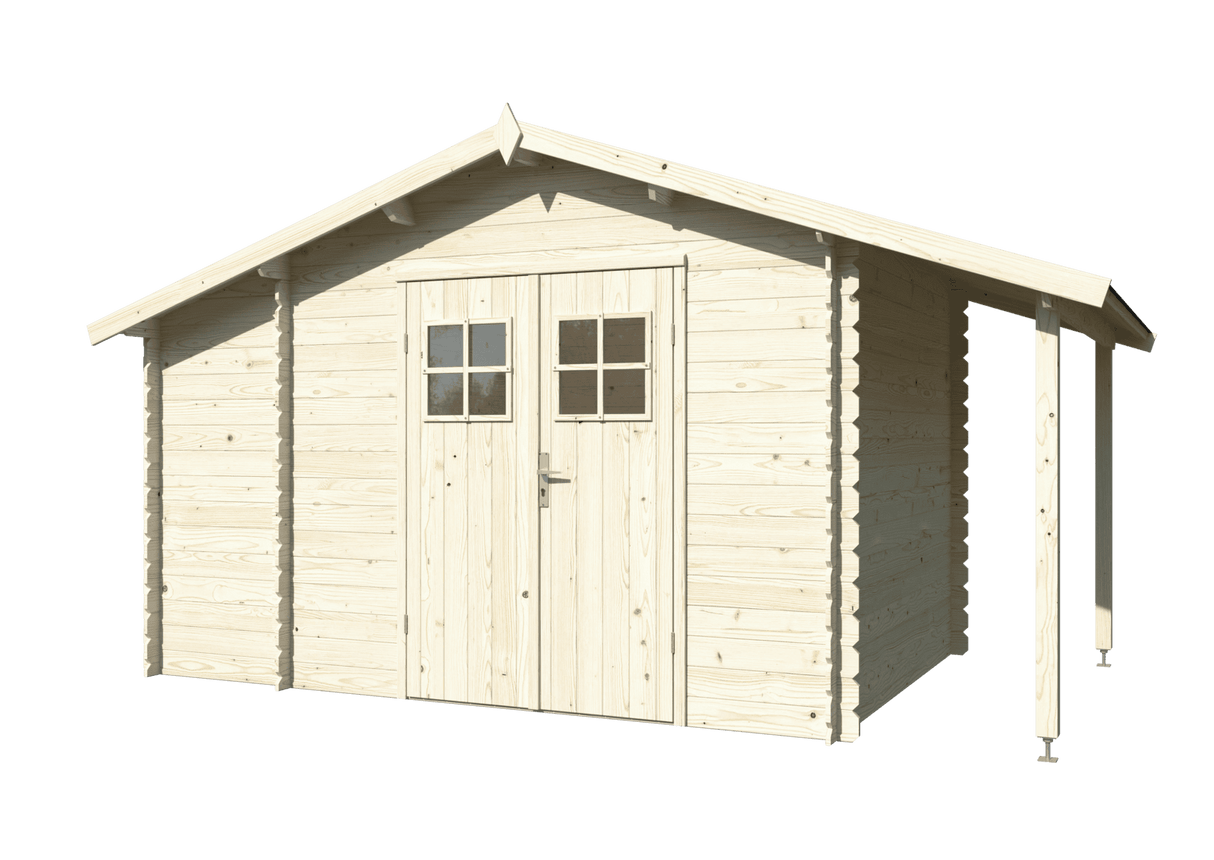 Meribel (2,6x2,3m | 6,6m² | 19mm) Kaksihuoneinen hirsivarasto katoksella