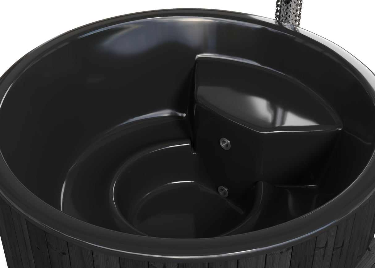 Solace L Blackline (d220cm | 8-hengen) Pyöreä puulämmitteinen kylpytynnyri integroidulla puukiukaalla - LED & lämpökansi sisältyy